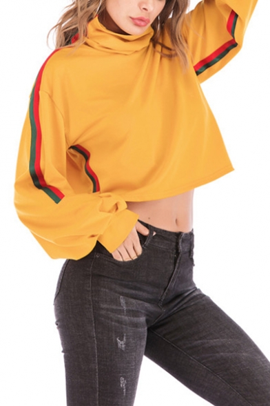 Yellow Side Stripe Print Long Sleeve Cowl Neck Crop Sweatshirt