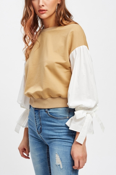 Chic Bow-Tied Flared Cuff Patched Long Sleeve Round Neck Khaki Sweatshirt