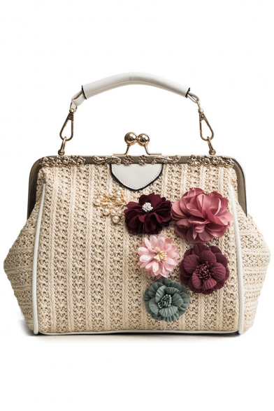 Chic Plain Floral Embellishment Straw Handbag Satchel Bag 22*10*18 CM