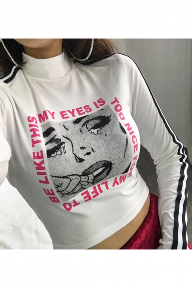 Cool Comic Crying Girl Letter Print Striped Long Sleeve High Neck Cropped White Tee