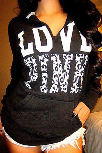 Cool Letter LOVE PINK Printed V-Neck Long Sleeve Casual Loose Hoodie