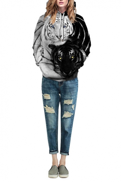 Cool Tiger 3D Print Black and White Colorblock Long Sleeve Loose Fit Unisex Hoodie with Pocket