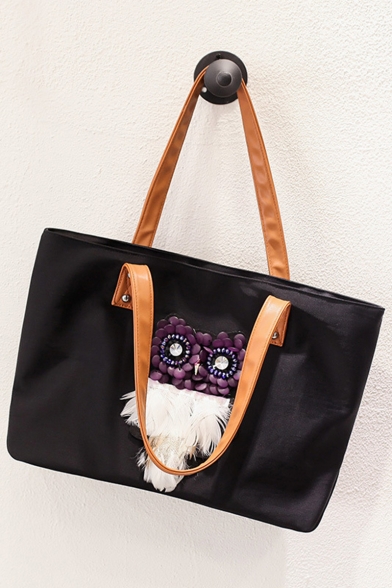 Cute Cartoon Owl Pattern Rhinestone Feather Embellishment Black Travel Tote Bag