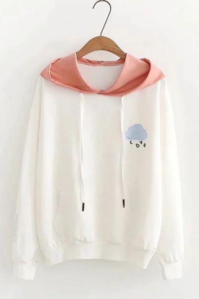Cute Cloud Letter LOVE Embroidery Long Sleeve White Casual Hoodie