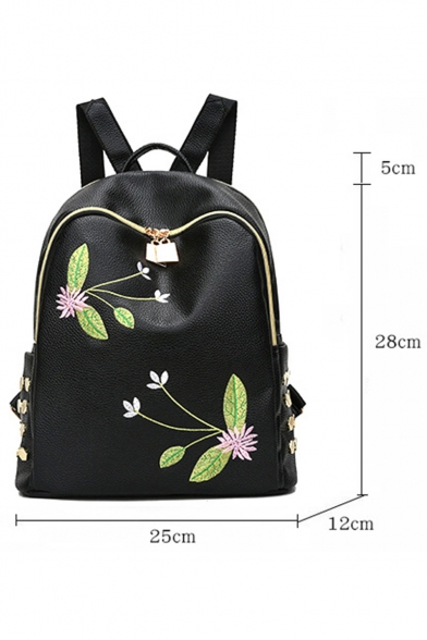 Elegant Floral Dragonfly Embroidered Rivet Embellishment Black PU Leather Leisure Backpack for Ladies 28*25*12 CM