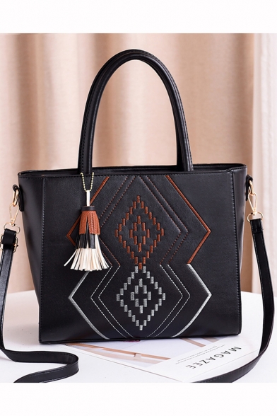 Elegant Geometric Embroidery Pattern Tassel Embellishment PU Leather Shoulder Handbag 30*14*24 CM