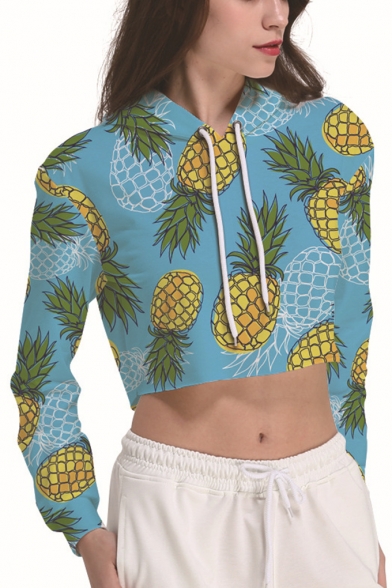 Fashion Allover Pineapple Pattern Long Sleeve Womens Blue Cropped Hoodie