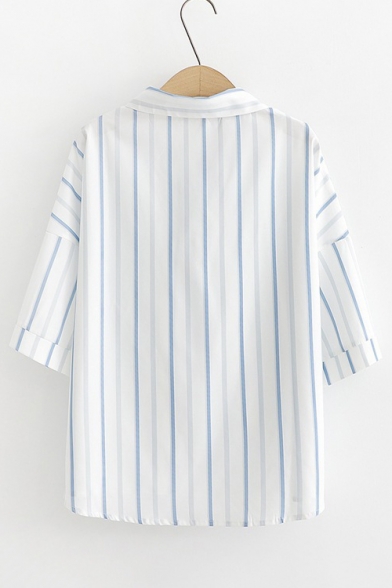Fashion Blue and White Stripe Printed Turn-Down Collar Loose Fit Shirt for Girls