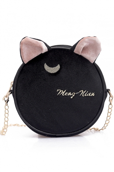 Fashion Letter Moon Embroidery Cat Ear Patched Velvet Round Crossbody Bag