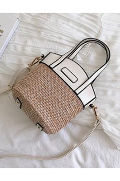 Fashion Plain Straw Beach Bag Crossbody Bucket Bag for Women 20*20*16 CM