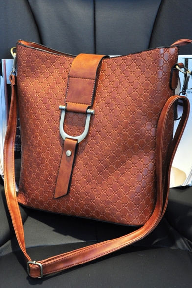 Fashion Vintage Embossing Pattern Belt Buckle Bucket Bag Shoulder Bag 30*14*28 CM