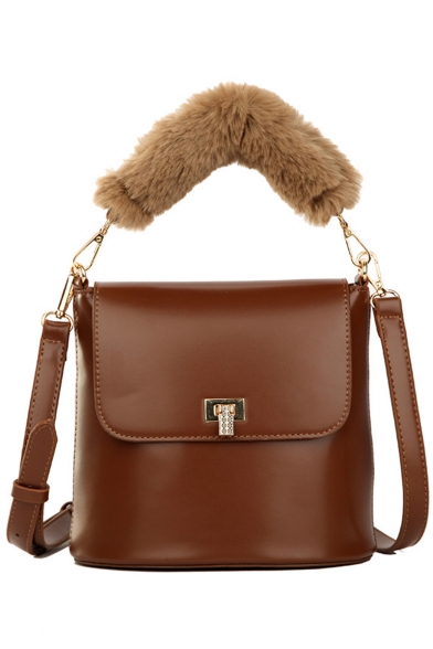 Fashion Vintage Solid Color Plush Handle Satchel Crossbody Bucket Bag 20*11.5*18.5 CM
