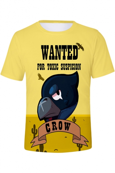 Funny Letter WANTED Cute Cartoon Comic Crow Pattern Short Sleeve Yellow Tee