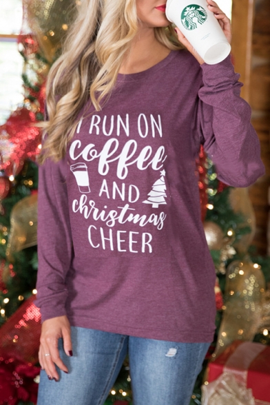 Funny Popular Letter I RUN ON COFFEE Round Neck Long Sleeve Loose Fit Casual Graphic Tee