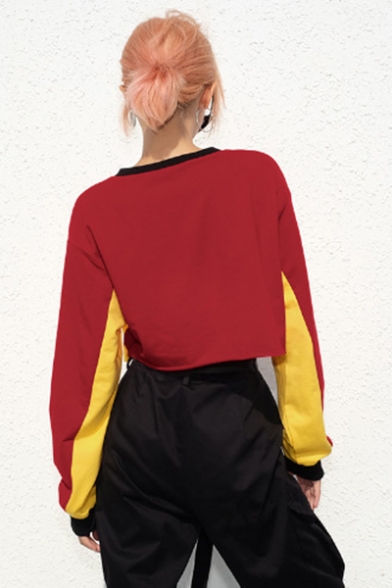 Girls Popular Street Letter CUTE PSYCHO Colorblocked Round Neck Long Sleeve Red and Yellow Crop Sweatshirt