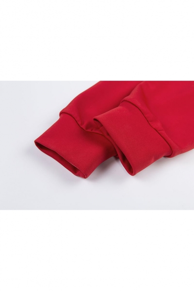 Girls Simple Plain Sheer Mesh Panel Zipper Stand Collar Long Sleeve Cropped Red Sweatshirt