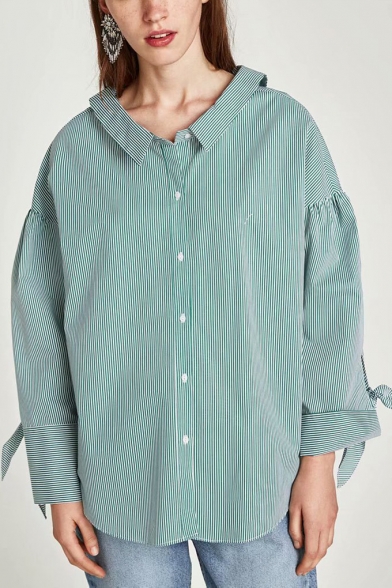 Green Vertical Stripe Printed Tied Cuff Long Sleeve Button Down High Low Shirt