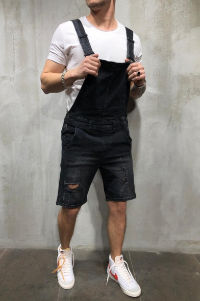 Guys Summer New Fashion Simple Plain Distressed Ripped Washed Denim Shorts Overalls