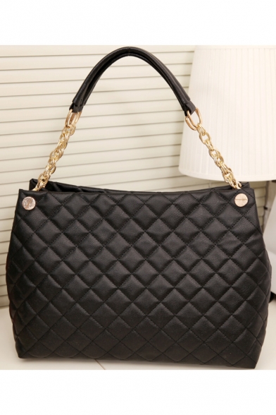 Hot Fashion Plain Diamond Check Quilted Design Black Shoulder Handbag 40*14*27 CM
