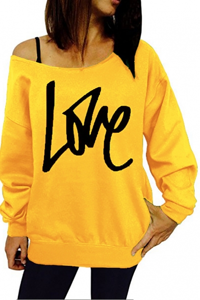 Hot Fashion Women's LOVE Letter Print One Shoulder Long Sleeve Casual Pullover Sweatshirt