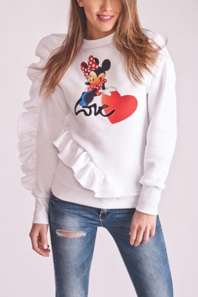 Hot Popular Cartoon Comic Character Heart Print Chic Ruffled Hem Pullover Sweatshirt