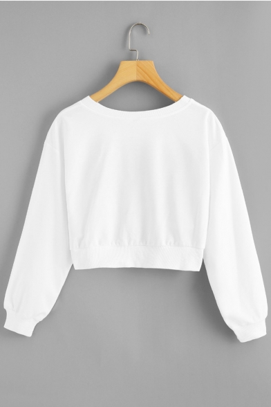 Solid Color Round Neck Long Sleeve Knot Front Cropped Sweatshirt