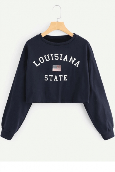 LOUISIANA STATE Letter Star Stripe Flag Printed Round Neck Long Sleeve Navy Cropped Sweatshirt