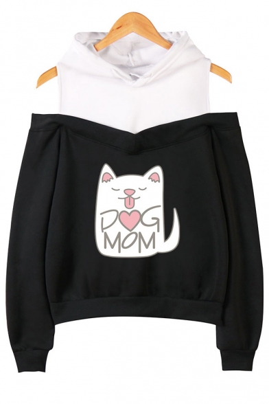 

Lovely Cartoon Cat Letter DOG MOM Sweet Cold Shoulder Loose Fit Hoodie, Black;dark navy;pink;gray, LM533962