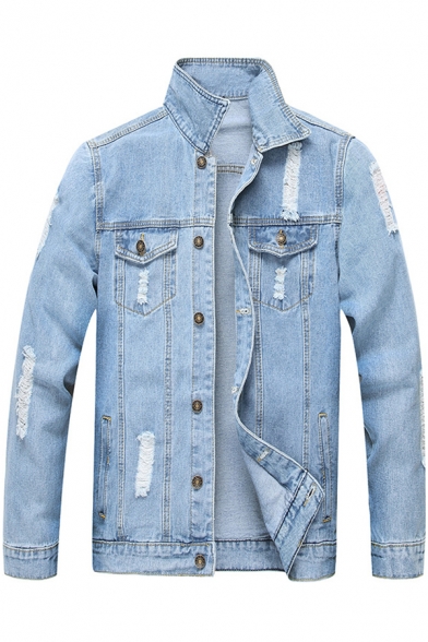 Men's Stylish Destroyed Ripped Light Blue Long Sleeve Button Front Denim Jacket
