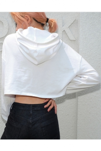 NAIT AND SEE Letter Drawstring Long Sleeve Patched White Cropped Hoodie