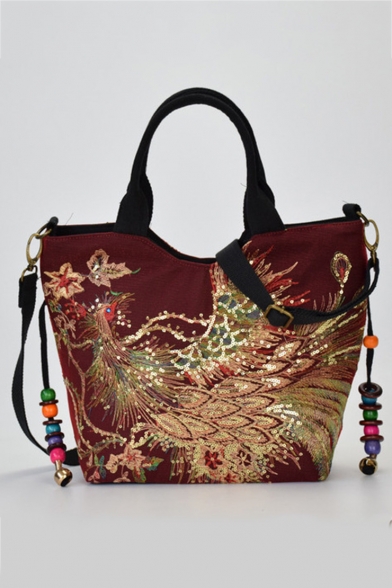National Style Peacock Pattern Bead Sequin Embellishment Canvas Tote Shoulder Bag 33*12*27 CM