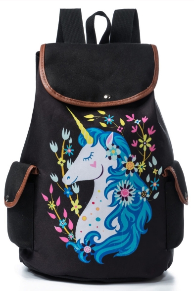 New Collection Floral Unicorn Printed Black School Bag Backpack 28*11*39 CM