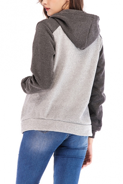 New Fashion Colorblock Long Sleeve Zip Up Drawstring Hoodie with Pockets