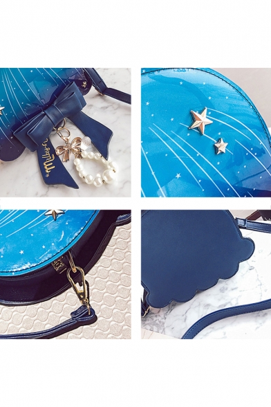 New Fashion Galaxy Starry Sky Stars Ombre Printed Pearl Bow Embellishment Crossbody Handbag 20*7*18 CM