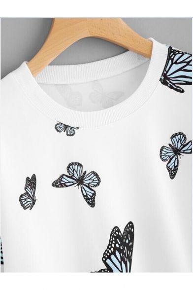 New Stylish Butterflies Printed Round Neck Long Sleeve White Loose Casual Sweatshirt