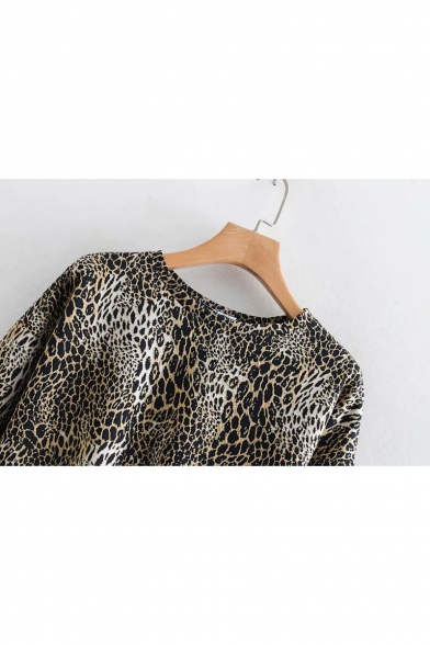New Stylish Women's Leopard Print Round Neck Long Sleeve Elastic Hem Slim Fit Khaki Sweatshirt