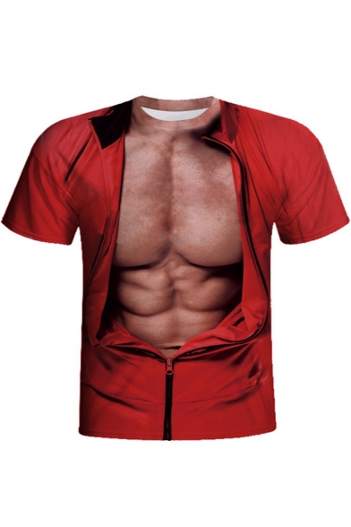 New Trendy Cool 3D Fake Zipper Muscle Printed Red Short Sleeve T-Shirt