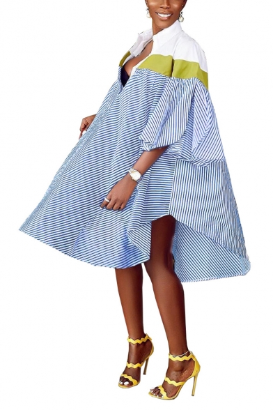 New Trendy Half Sleeve Plunge Neck Stripes Print Casual Loose Midi Asymmetric Dress For Women