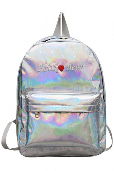 New Trendy Letter MILK BEAR Red Heart Embroidery Pattern Laser School Bag Backpack 36*26*11 CM