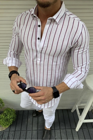 Popular Vertical Stripe Printed Button Spread Collar Long Sleeve Fitted Shirt for Men