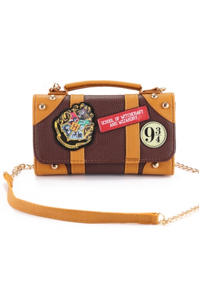 Stylish Cosplay Badge Letter Patched Rivet Embellishment Brown Crossbody Satchel Bag 18.5*5.5*11 CM