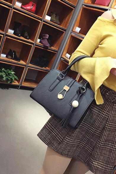 Stylish Plain Metal Tassel Embellishment Satchel Tote Handbag For Women 26*16*19 CM