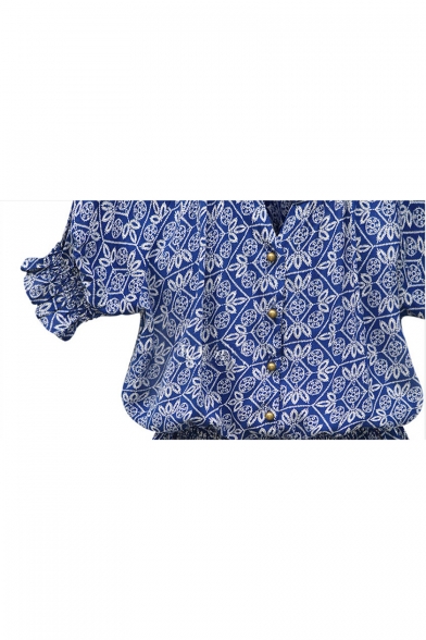 Summer Chic Blue Floral Pattern V-Neck Short Sleeve Button Front Mini Cotton Dress