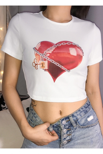 Summer Cool Unique Chain Heart Printed Round Neck Short Sleeve White Fitted Crop T-Shirt