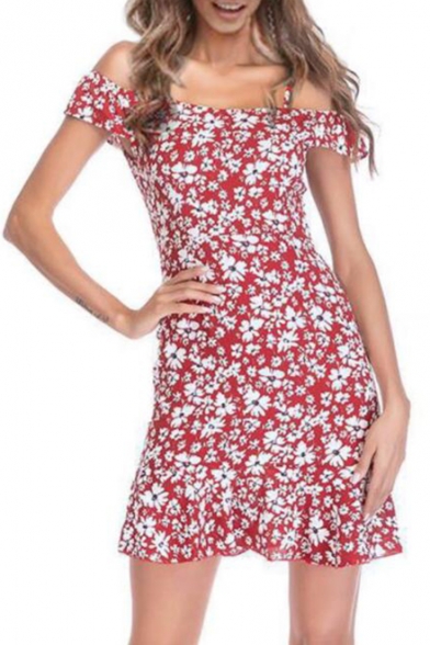 Summer Fashion Floral Pattern Straps Cold Shoulder Mini Bodycon Ruffled Chiffon Dress