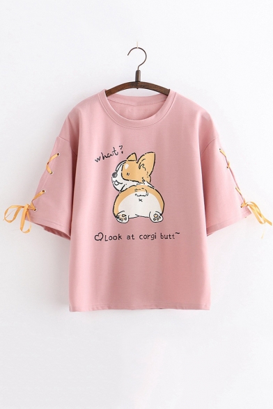 Summer Girls Cartoon Dog Letter WHAT Print Lace-Up Sleeve Loose Casual T-Shirt