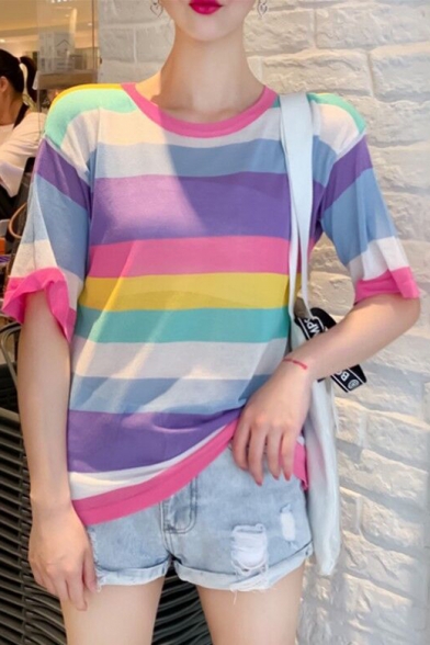 Summer Girls Trendy Colorful Striped Printed Round Neck Loose Fit T-Shirt
