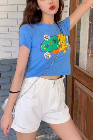 Summer Lovely Cartoon Letter TWOOTY Print Round Neck Short Sleeve Cropped Blue T-Shirt