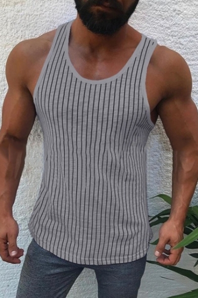Summer Mens Trendy Vertical Striped Print Sleeveless Loose Fit Tank Top