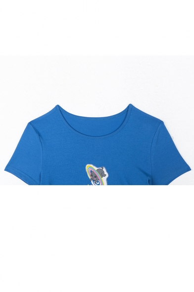 Summer New Stylish Round Neck Short Sleeve Cartoon Rainbow Cat Print Cropped Blue T-Shirt